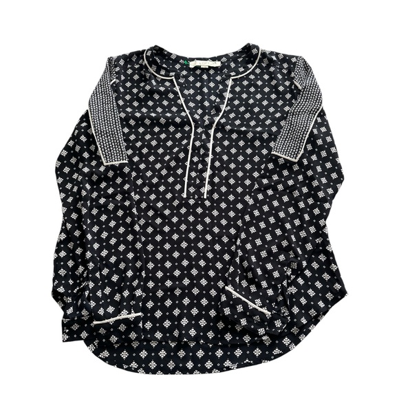 LOFT Mixed Print Popover Top Womens Small Navy Ivory Long Sleeve Peasant Blouse - Picture 5 of 7